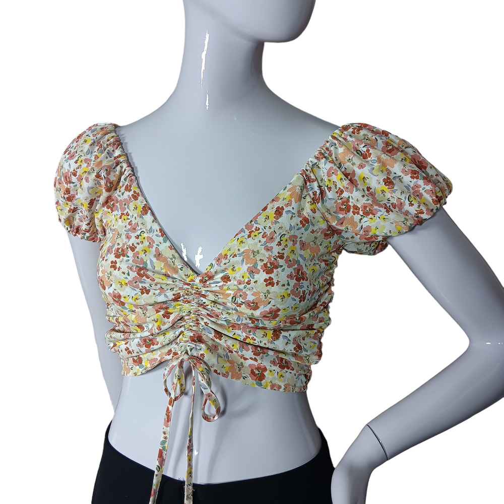 Forever 21 Crop Top Ditsy Floral Peasant Ruched Front Size Small Floral Print
